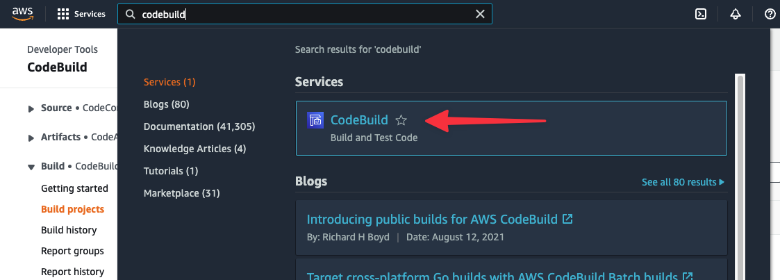 The AWS console search with CodeBuild highlighted.