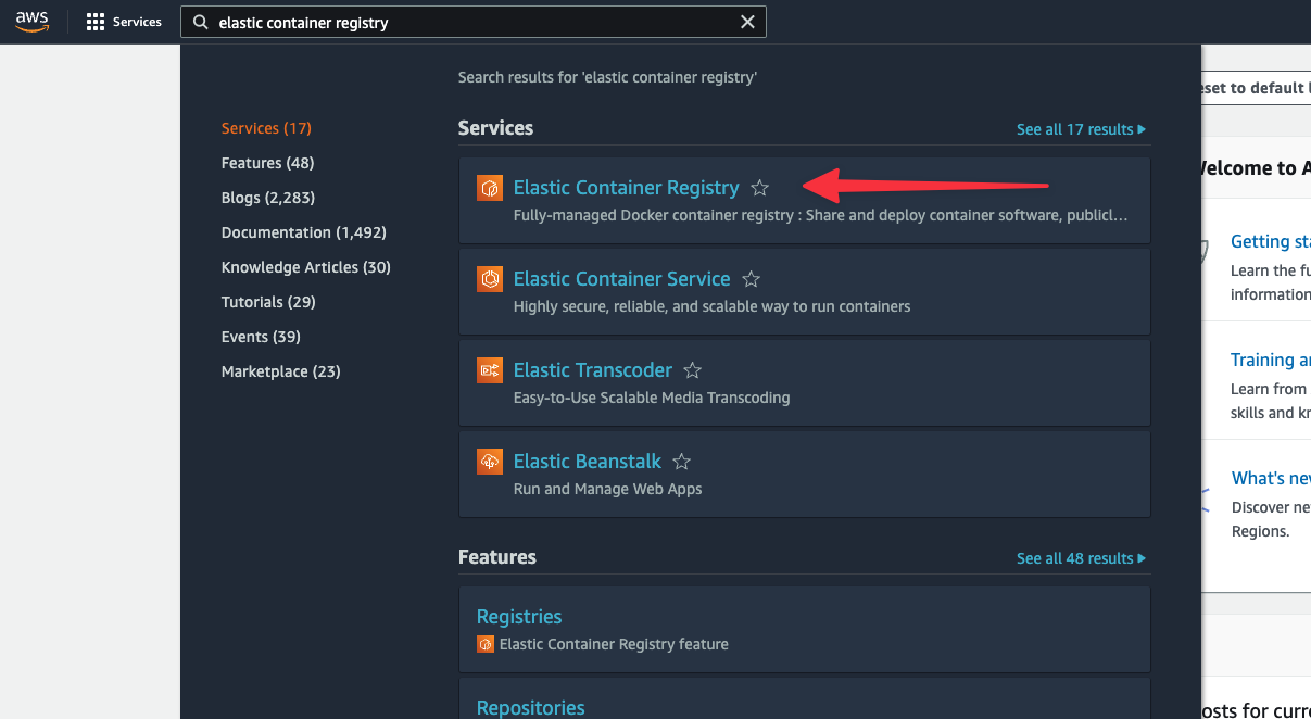 The AWS search with Elastic Container Registry shown.
