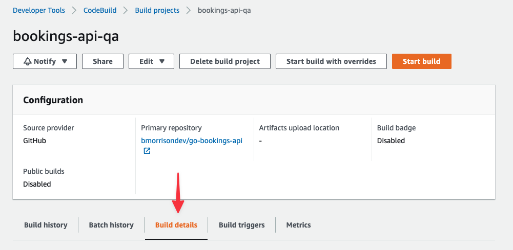 The bookings-api-qa project with the Build details tab highlighted.