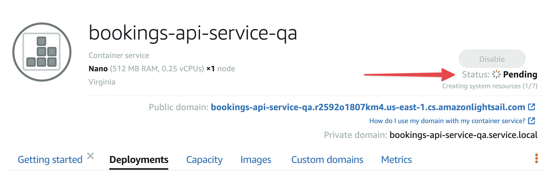 The container service header with the status highlighted.