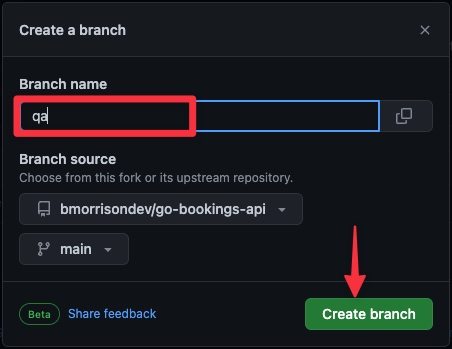 The Create a branch modal.
