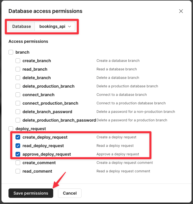 The Database access permissions modal for the service token.
