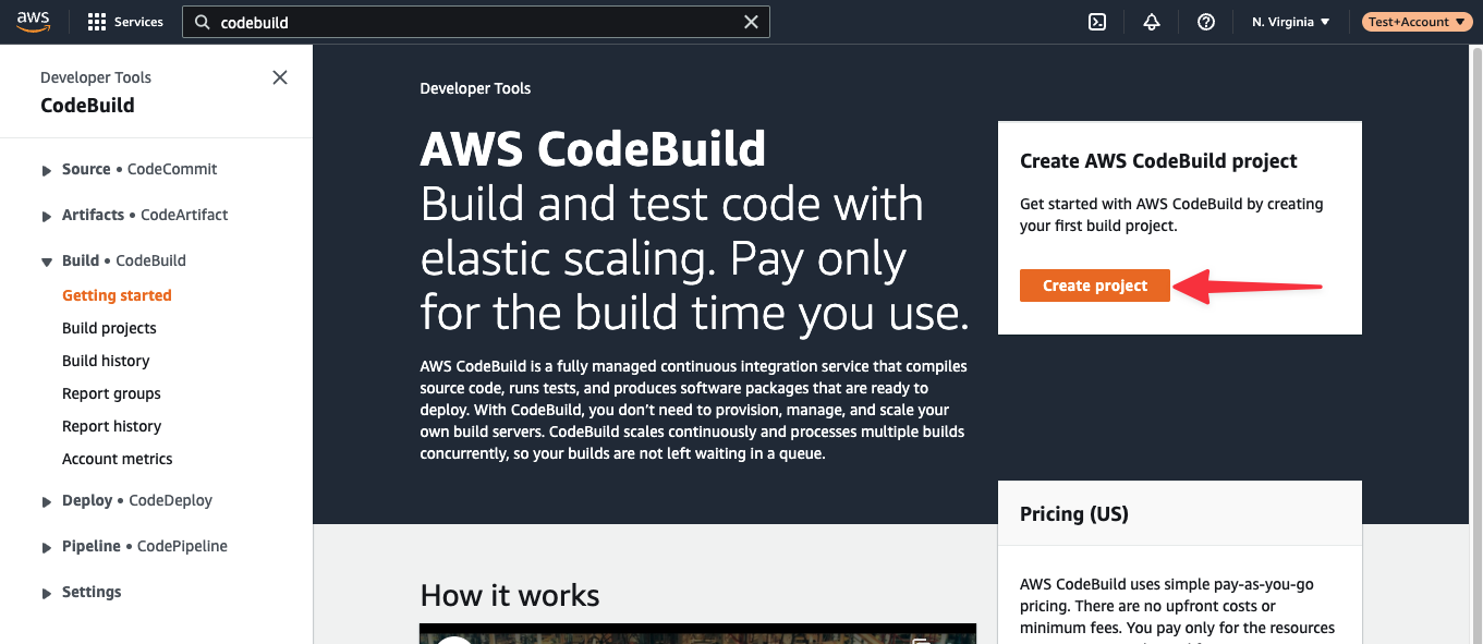 The default landing page for AWS CodeBuild.