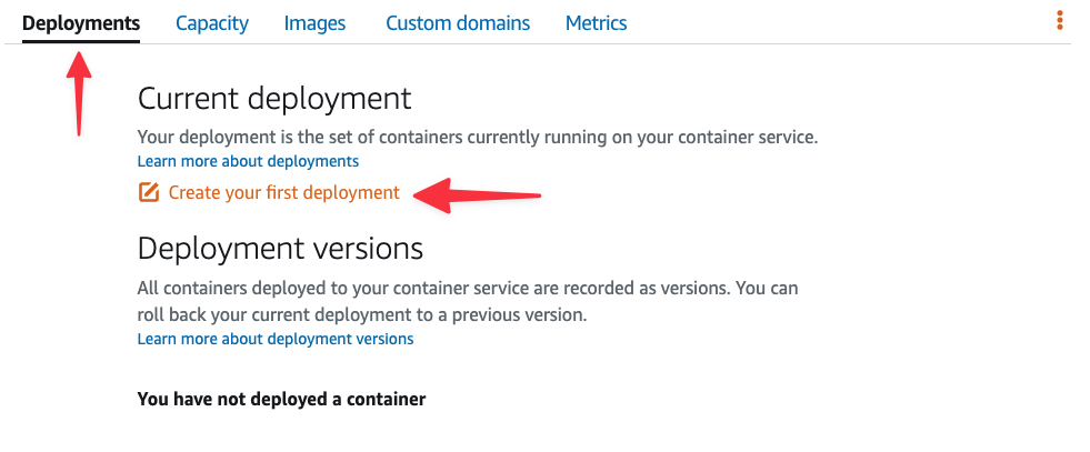 The Deployments tab of the container service.