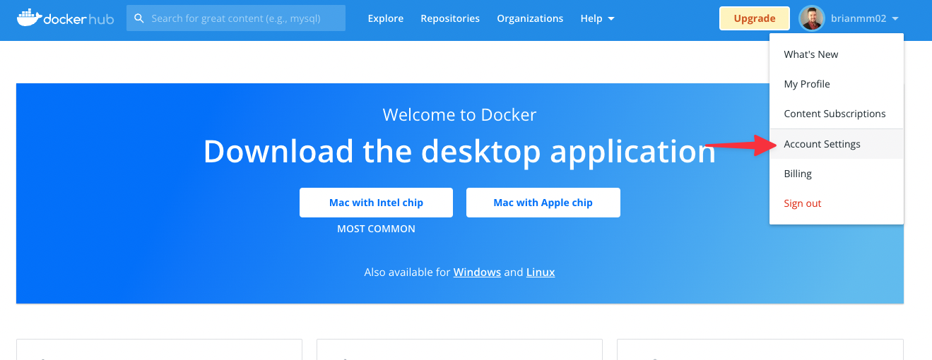 The Docker Hub home page after signing in
