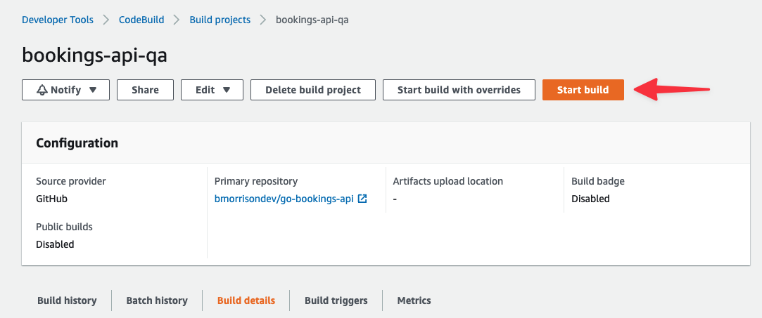 The header of the bookings-api-qa build with Start build highlighted.
