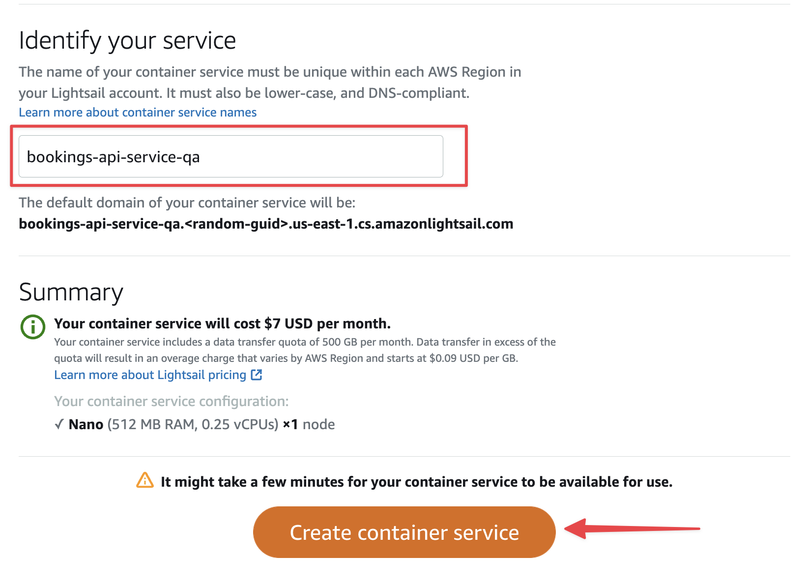 The Identify your service section of the Create container service form.