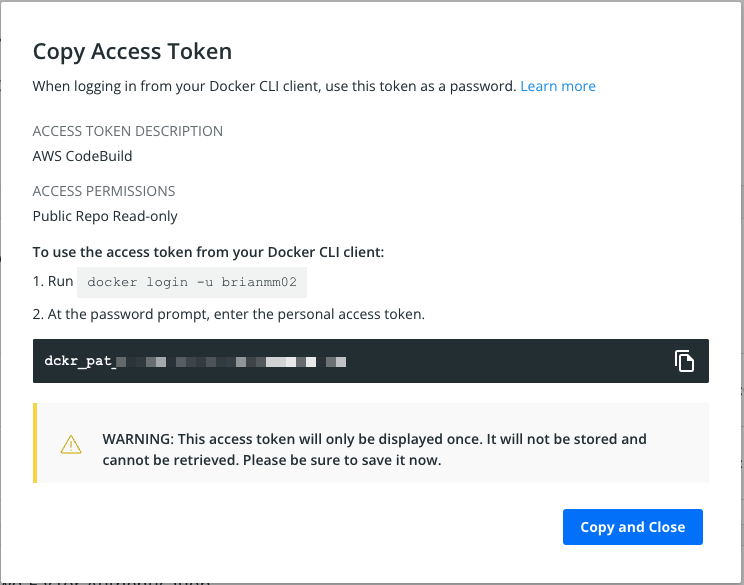 The newly created Docker Hub access token.