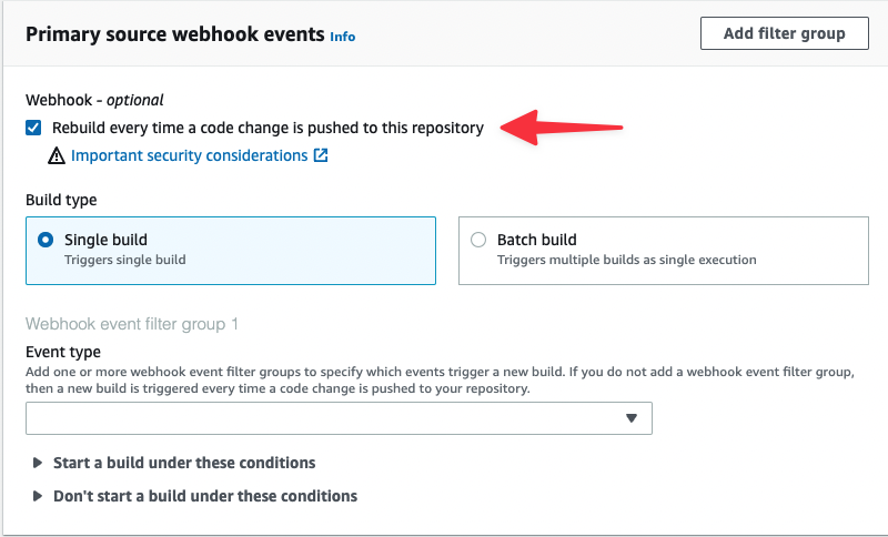 The Primary source webhook events section of the Create build project form.