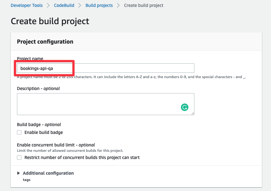 The Project configuration section of the Create build project form.