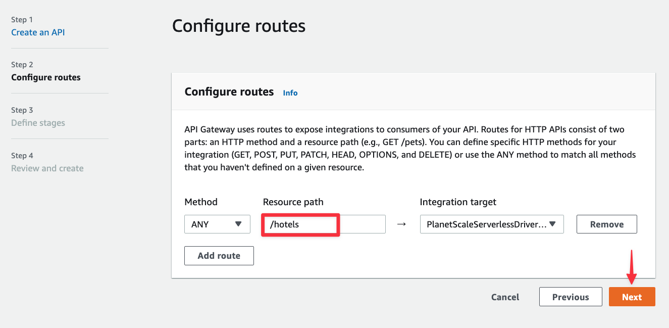 The Configure routes step of the Create API process.