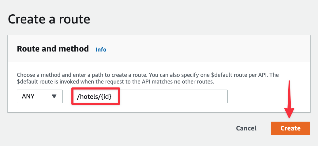 The Create a route screen in API Gateway.