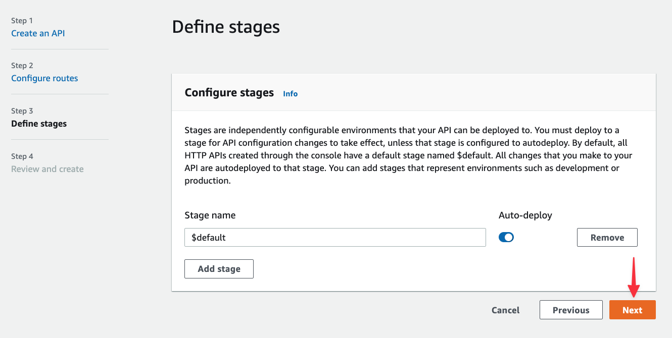The Define stages step of the Create API process.