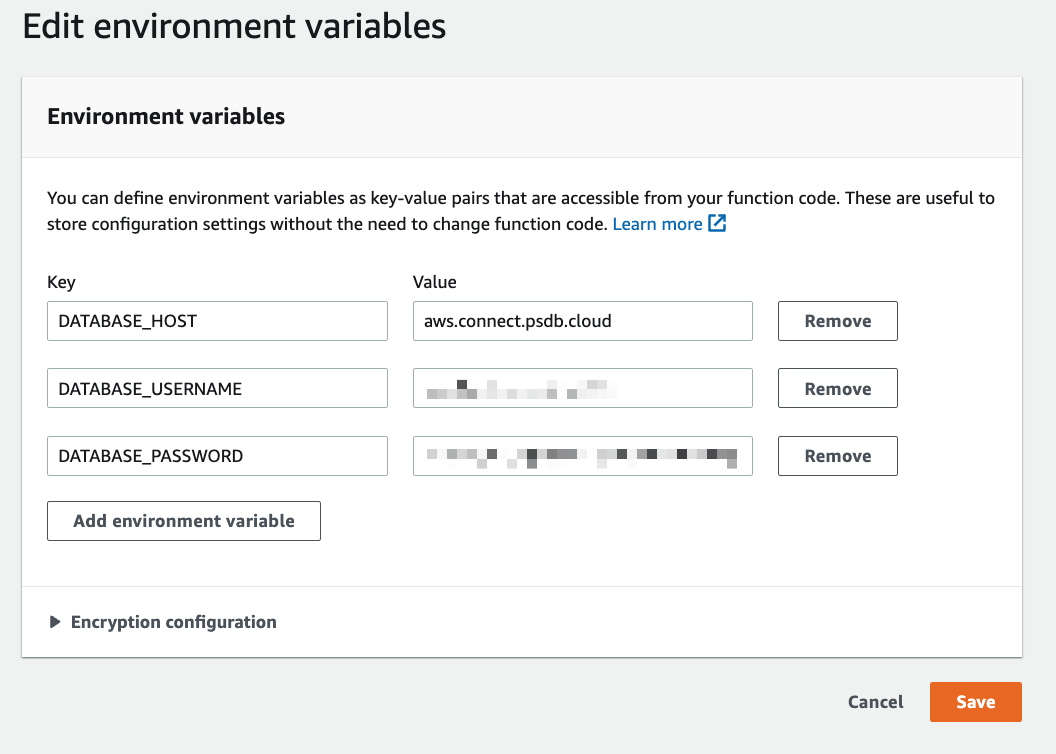 The Edit environment variables screen in AWS.