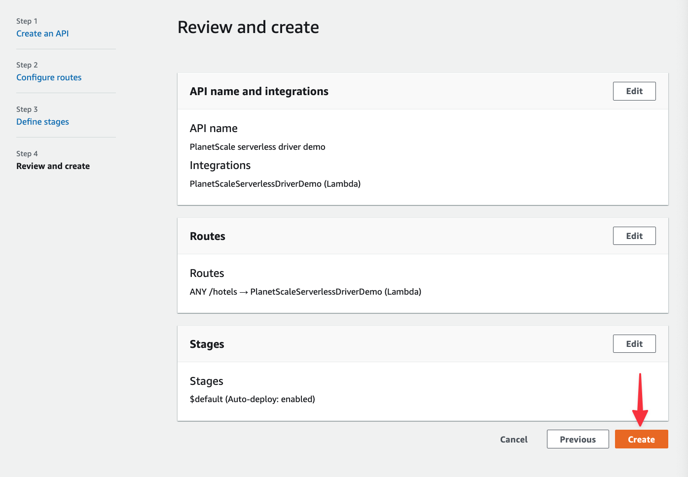 The Review and create step of the Create API process.
